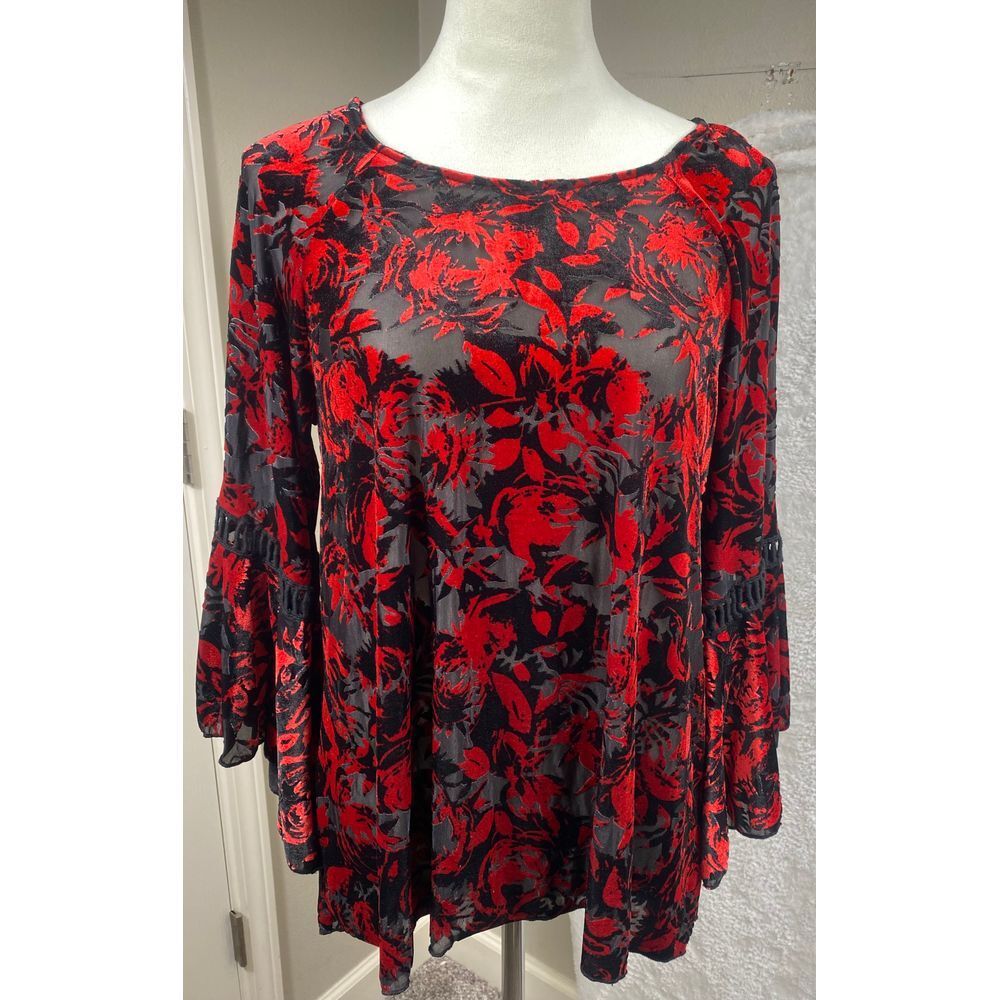 Cupio Women's Burnout Blouse Sz L‎ Velvet Red Black Bell Sleeve Whimsygoth Gypsy